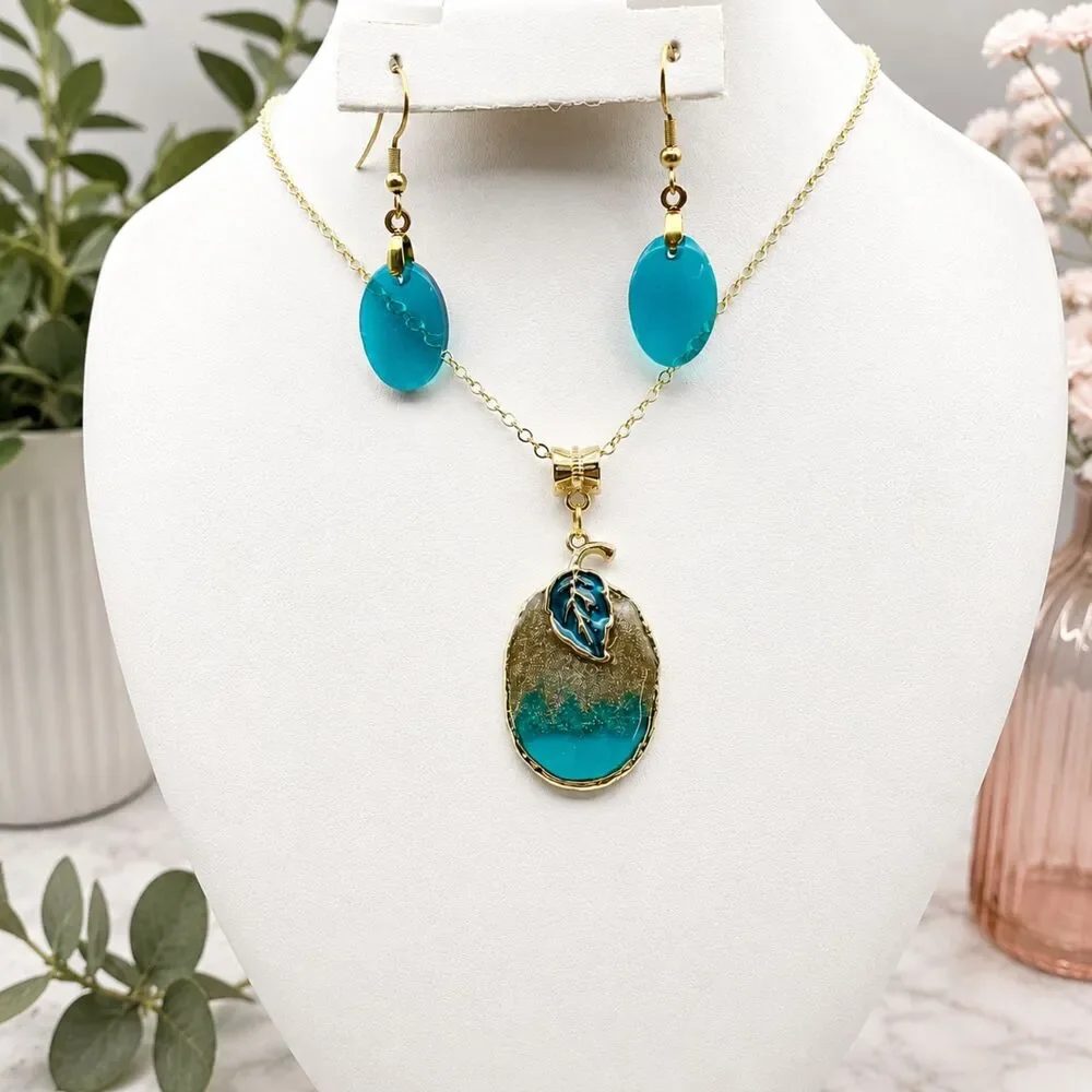 One-of-a-Kind Teal & Gold Resin Pendant Necklace Set with Matching Earrings